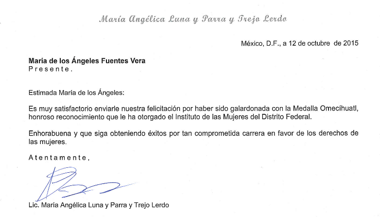 Carta de felicitación a María de los Ángeles Fuentes, de 